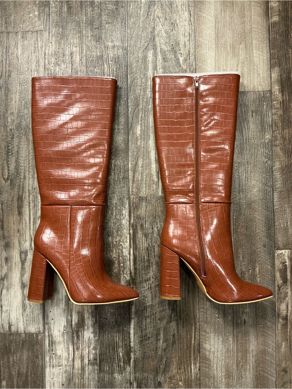 Nasty Gal Croc-Embossed Knee Boots - Chestnut Brown Size 6
